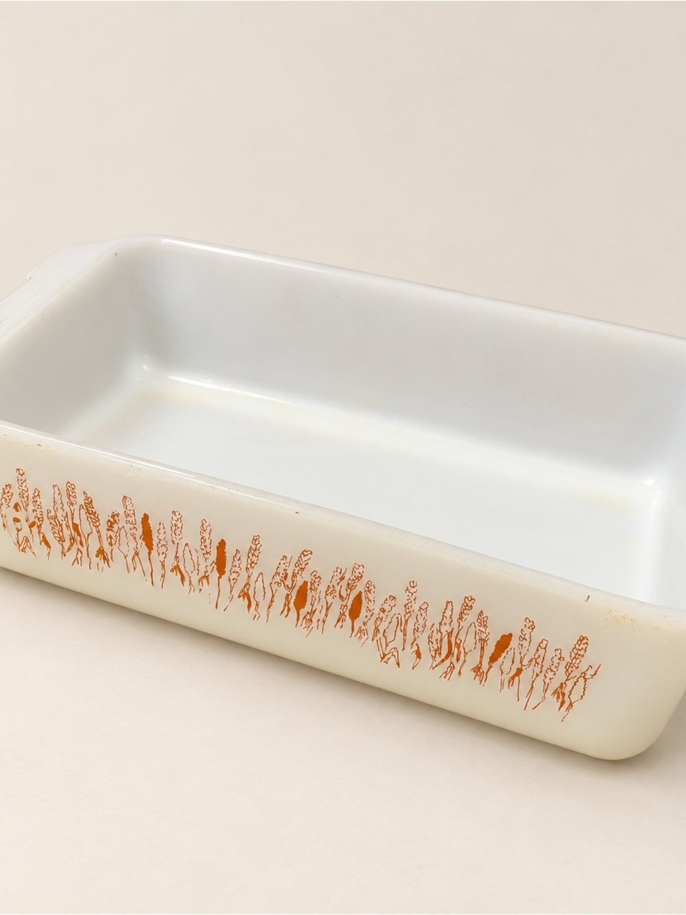 White Ceramic Baking Dish with Orange Wheat Motif